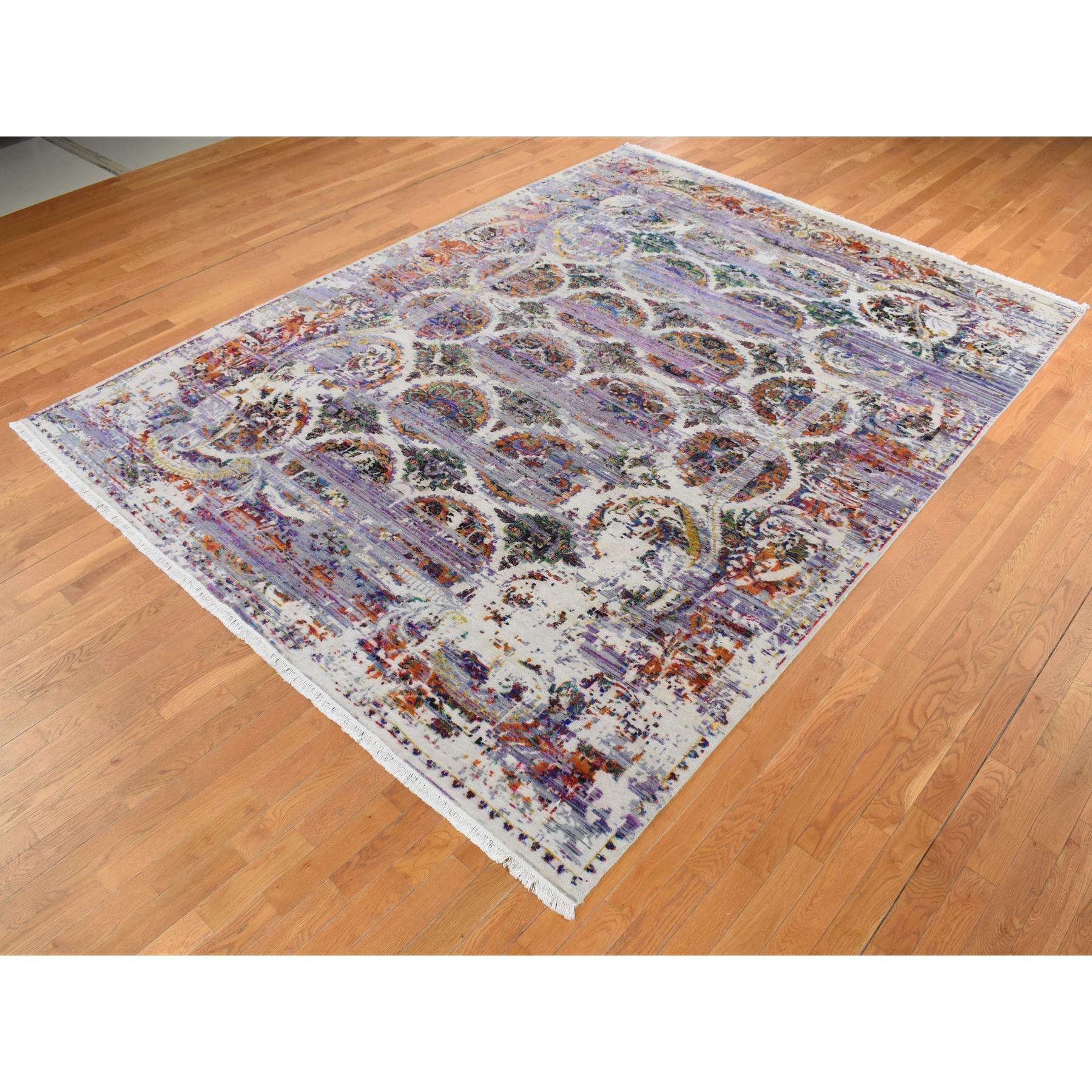 Moderno 9'x12' Viola COLORFUL ERASED ROSSETS Seta e Lana annodati a mano Rugs in vendita