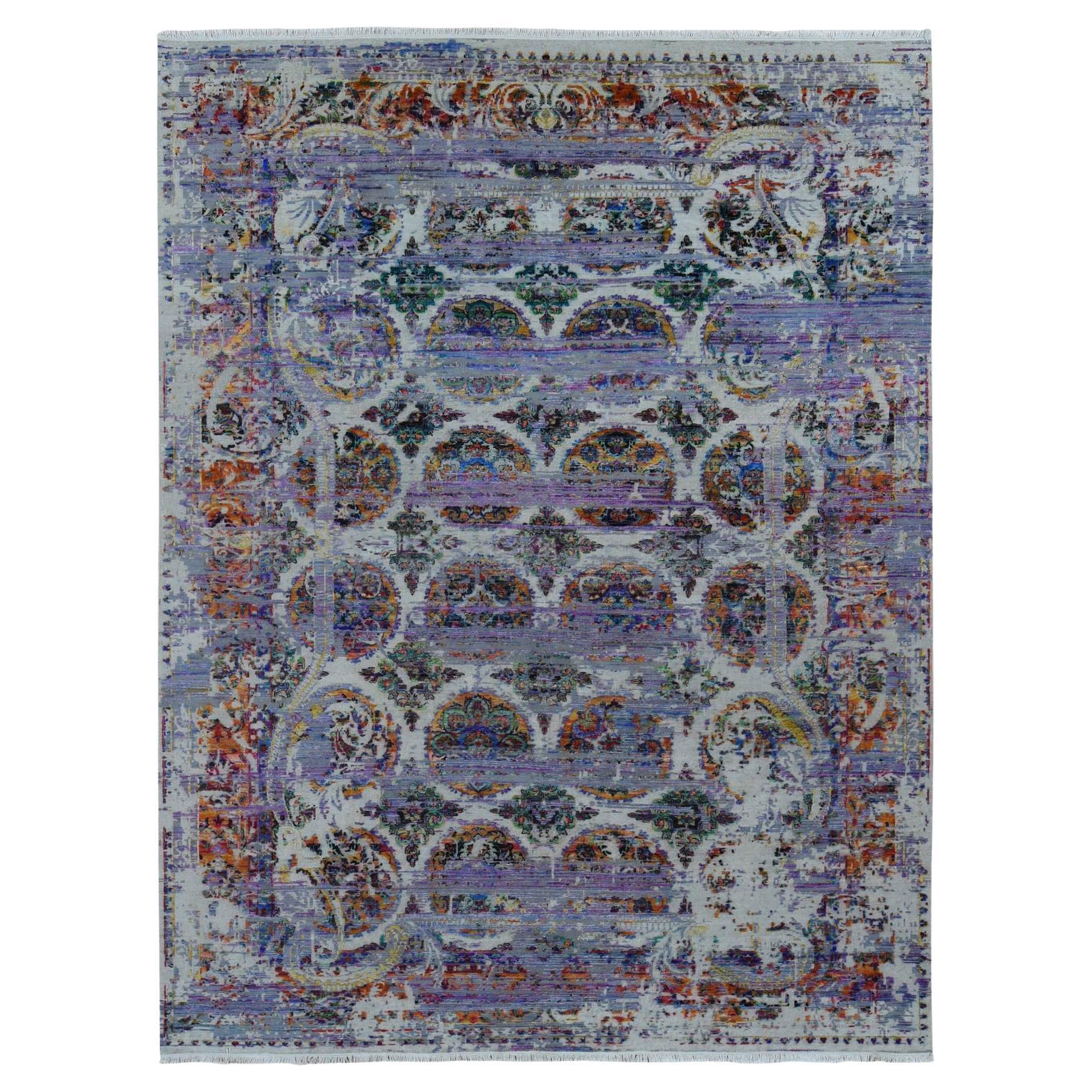 9'x12' Viola COLORFUL ERASED ROSSETS Seta e Lana annodati a mano Rugs