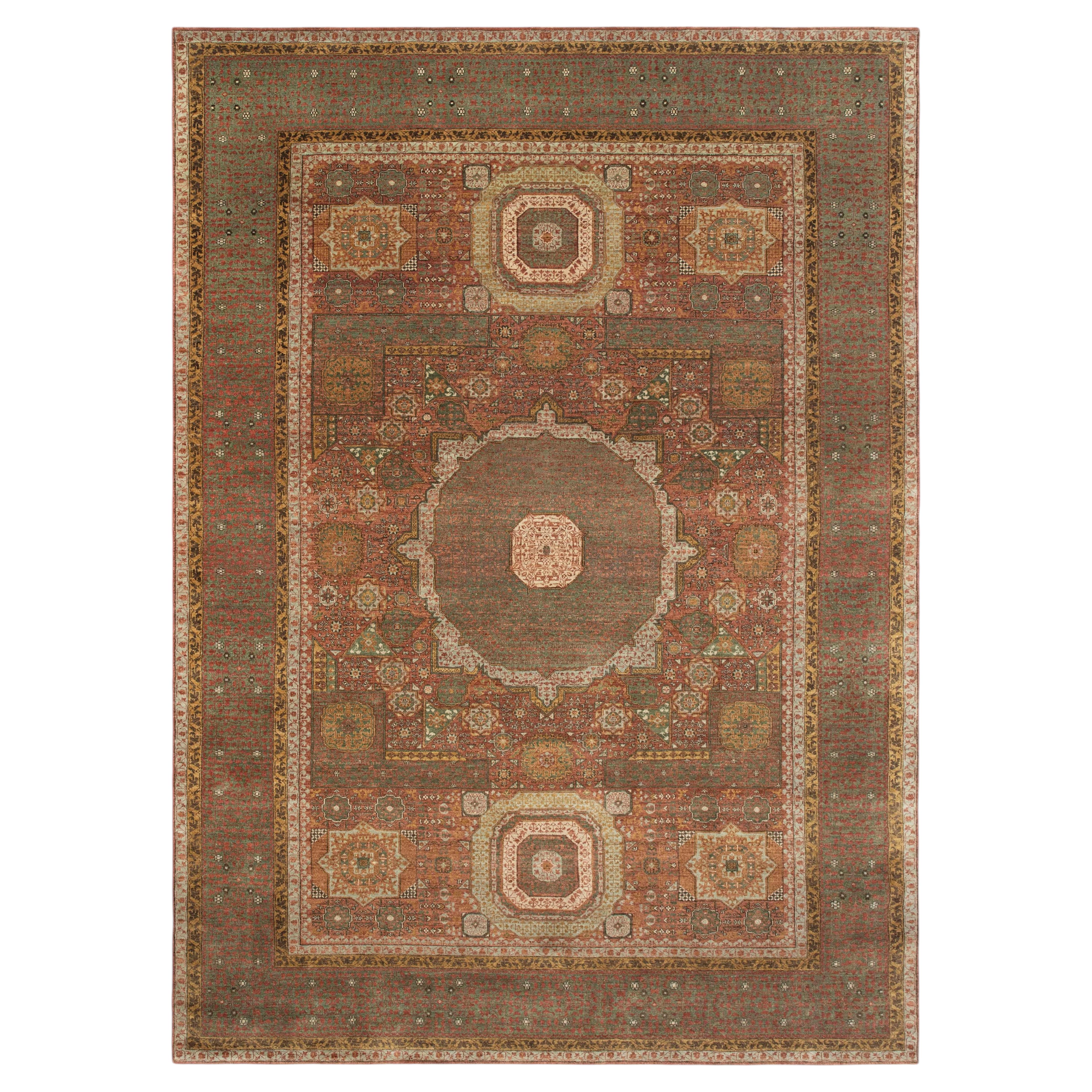 9x12 Red Green Mamluk Hand Knotted Wool Rug ( G-13141 ) For Sale