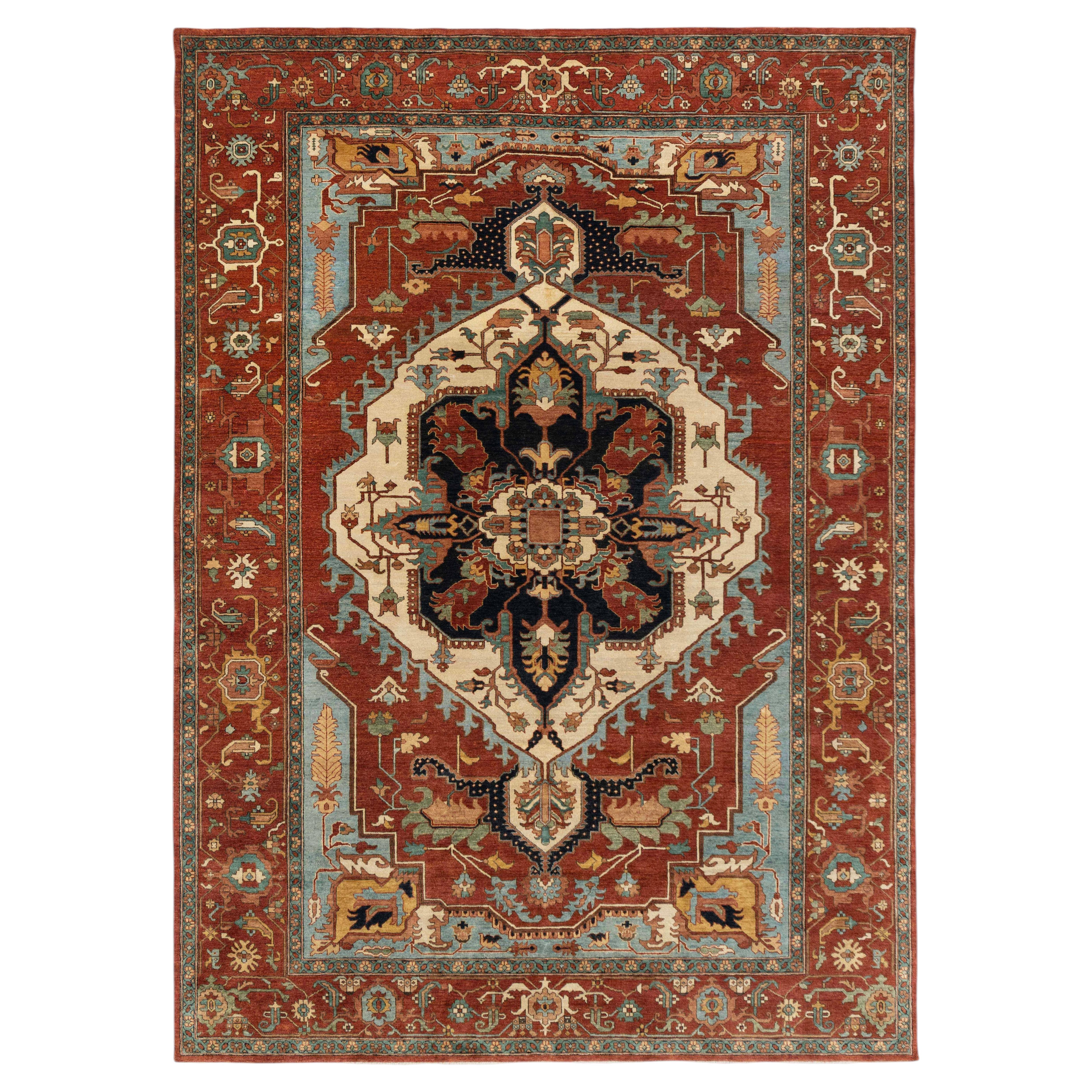 9x12 Rust Ivory Hand Knotted Heriz Serapi Wool Rug ( G-12247)