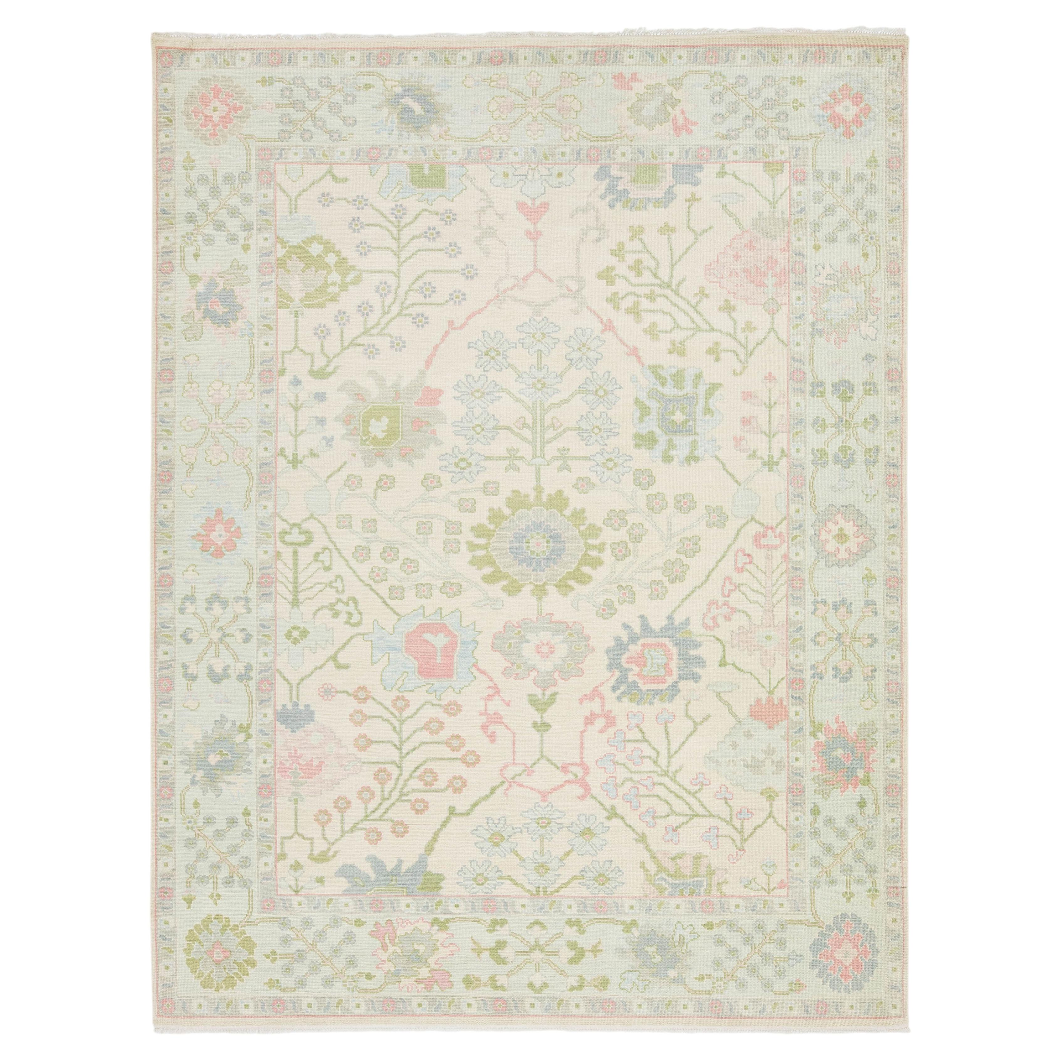 9x12 Serene Pastell Floral Modern Oushak Handgeknüpft Wolle Bereich Teppich