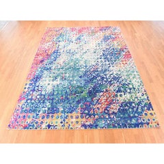 9'x12' „Shades of Blue“ – farbenfroher, handgeknüpfter Sari-Seidenteppich „THE PEACOCK“