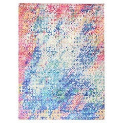 9'x12' „Shades of Blue“ – farbenfroher, handgeknüpfter Sari-Seidenteppich „THE PEACOCK“
