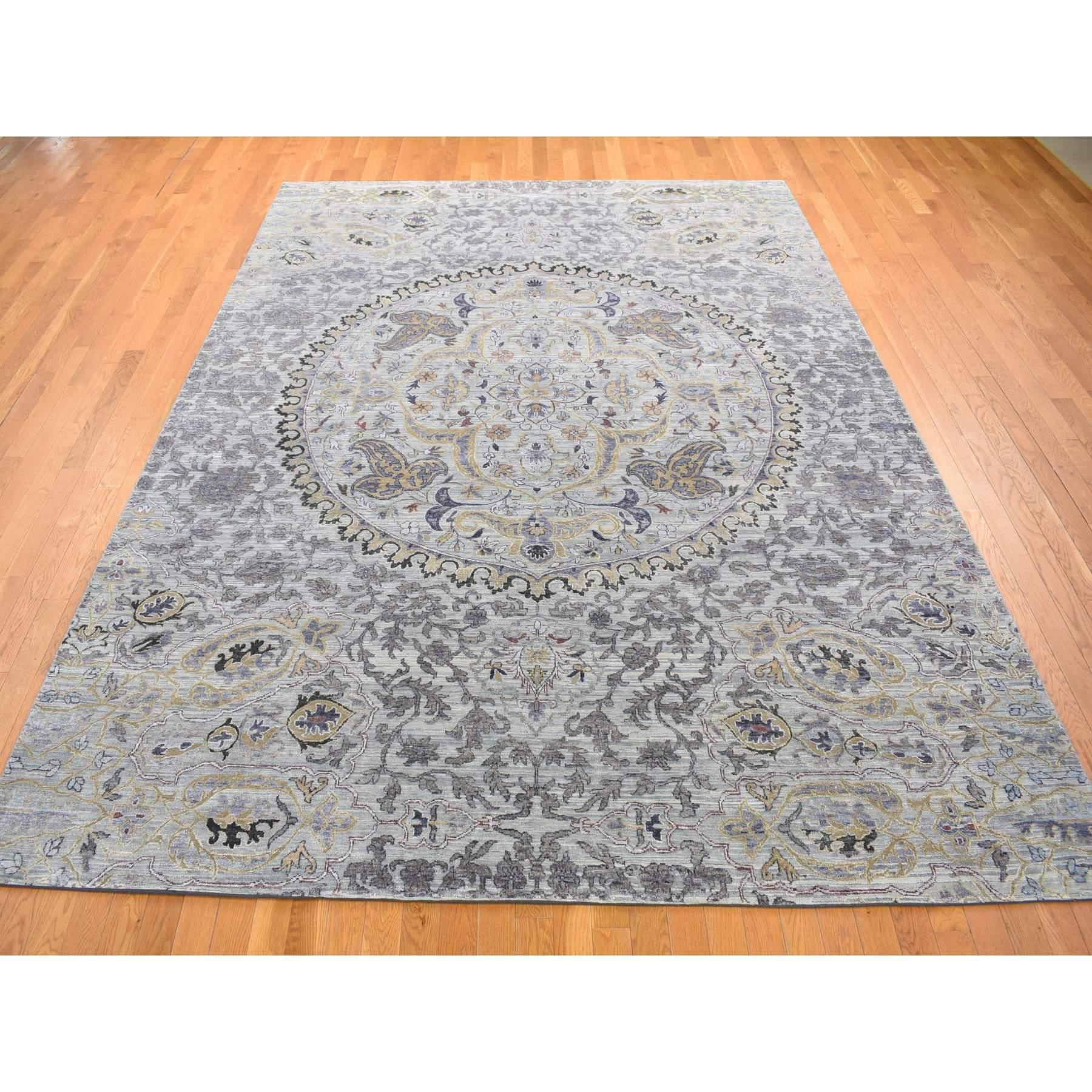 Indian 9'x12' Silver Gray, THE MAHARAJA Design, Silk with Wool Hand Knotted Rug For Sale