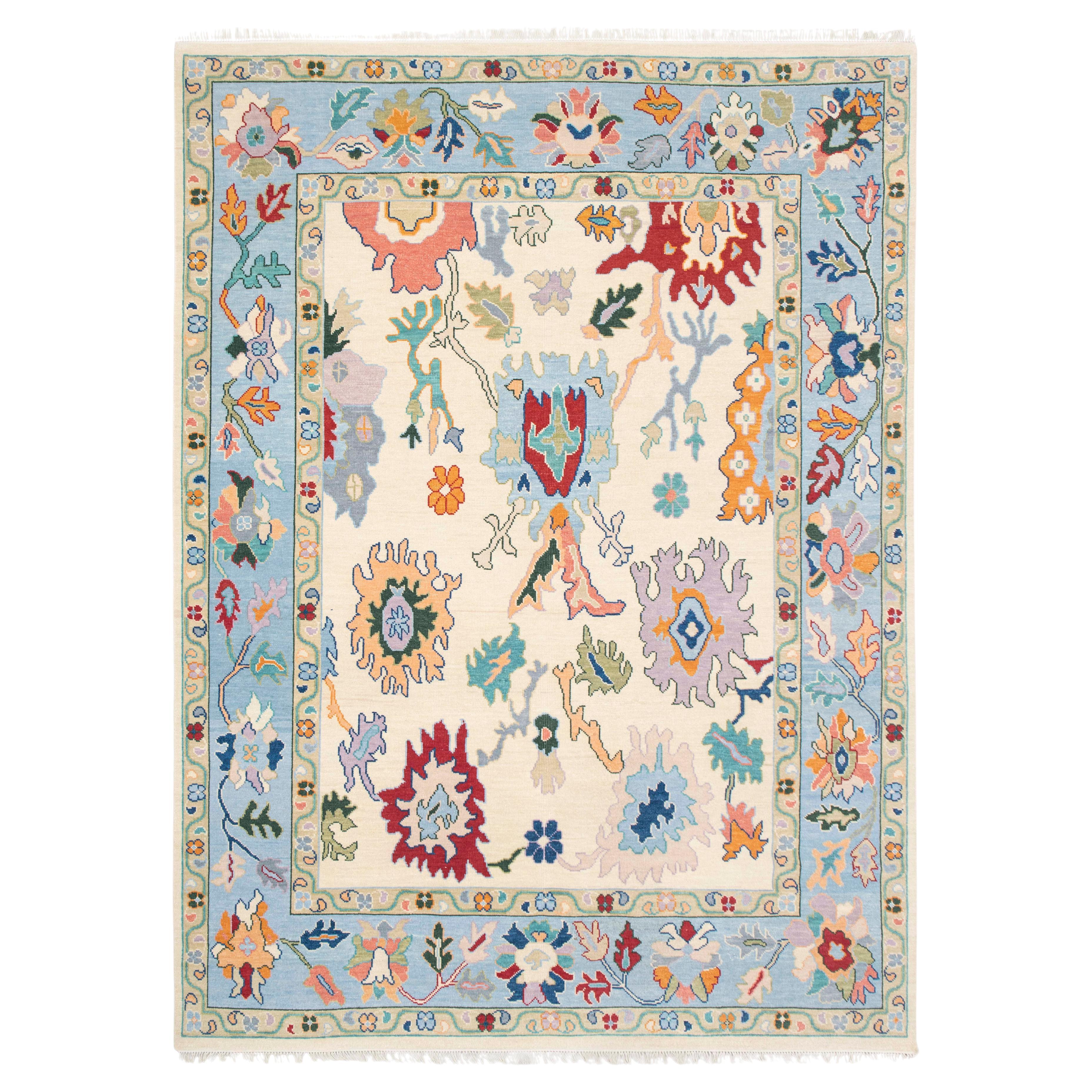 9x12 Ivory & Blue Colourful Oushak Rug – Hand-Knotted Wool ( JC-7963)