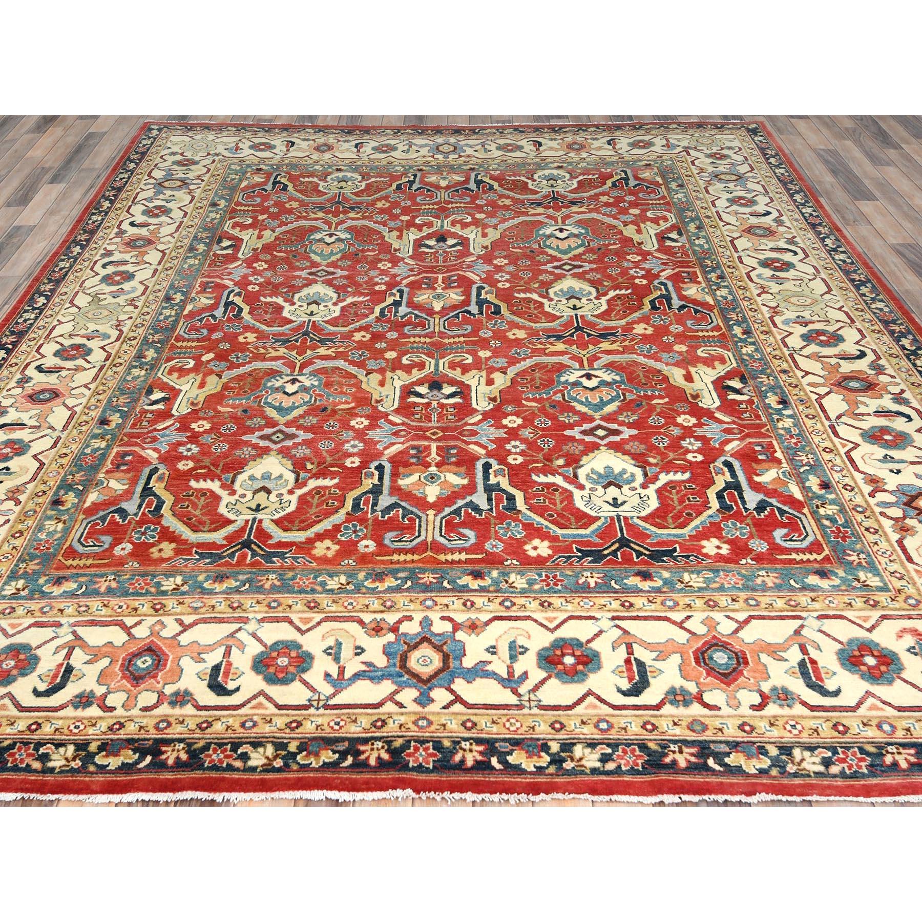 Heriz Serapi 9'x12' Soft Red Hand Knotted Wool Afghan Peshawar with Bijar Garus Design Rug For Sale
