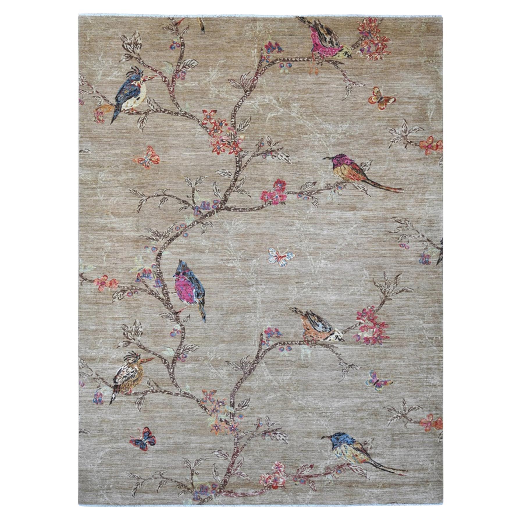 9
x12
Stone Gray Hand Knotted Sparrows on the Tree Peshawar Soft Wool Rug