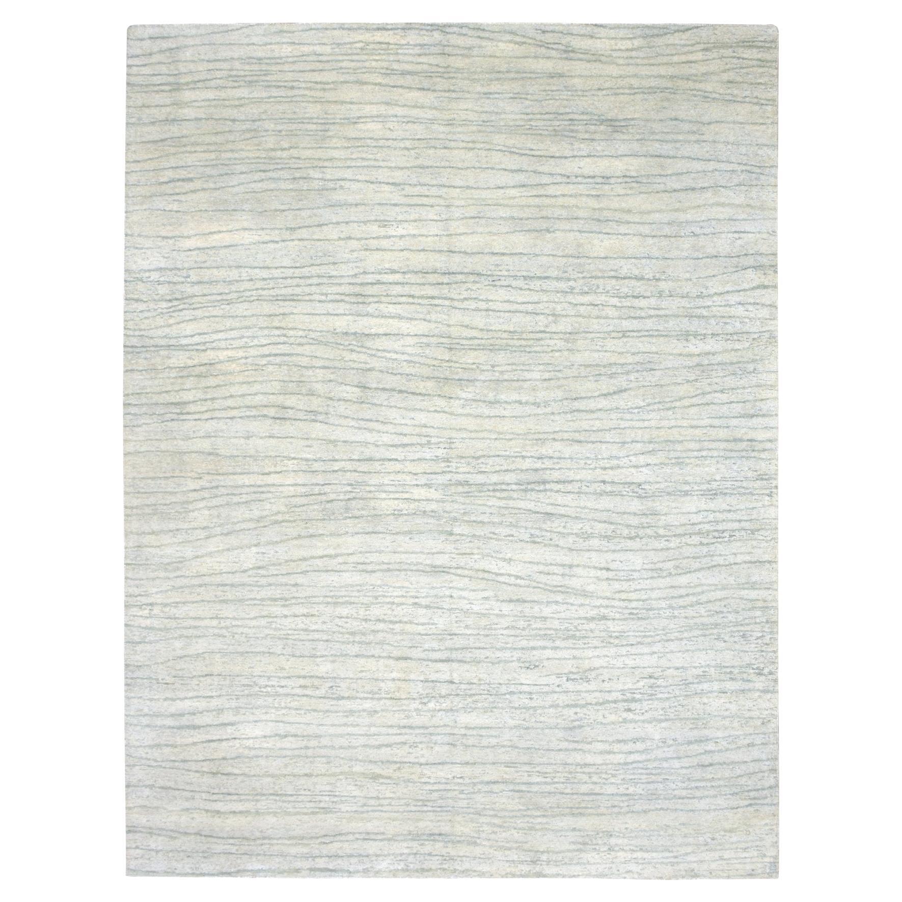 9'x12' Swan White Modern Wavy Design Pure Silk Hand Knotted Oriental Rug