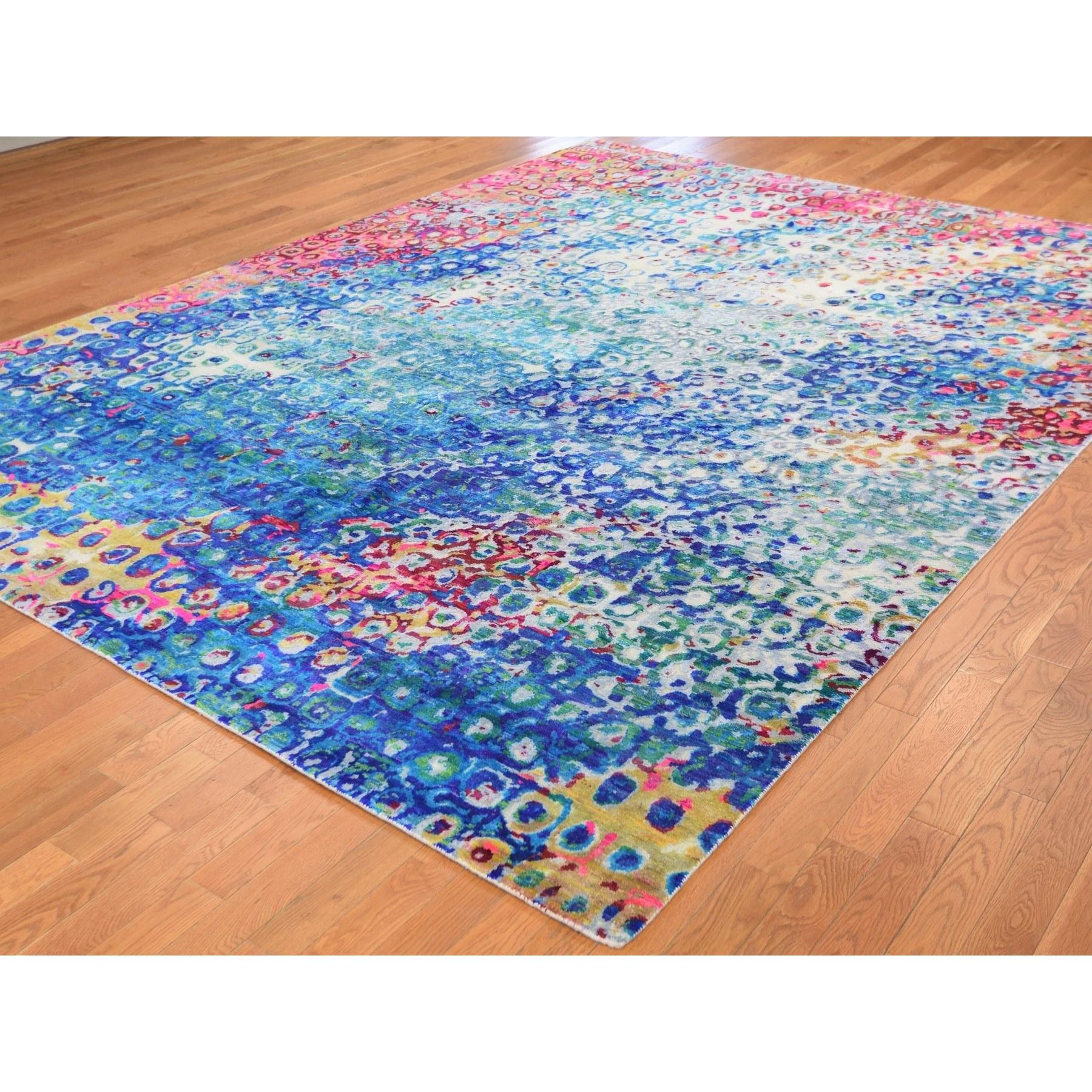 Annodato a mano 9'x12' THE PEACOCK, Tappeto orientale colorato in seta Sari annodato a mano in vendita