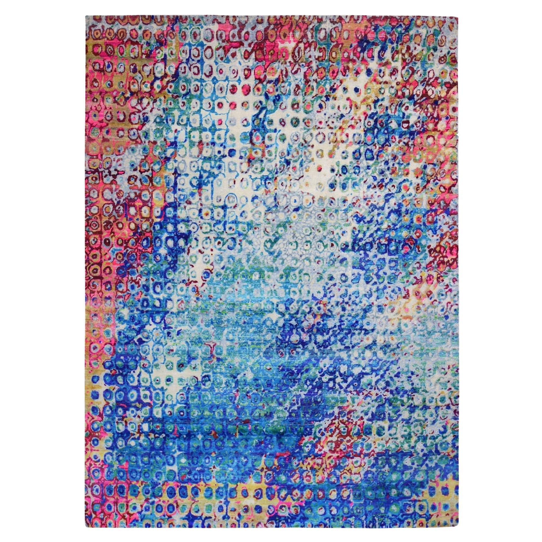 9'x12' THE PEACOCK, Tappeto orientale colorato in seta Sari annodato a mano in vendita