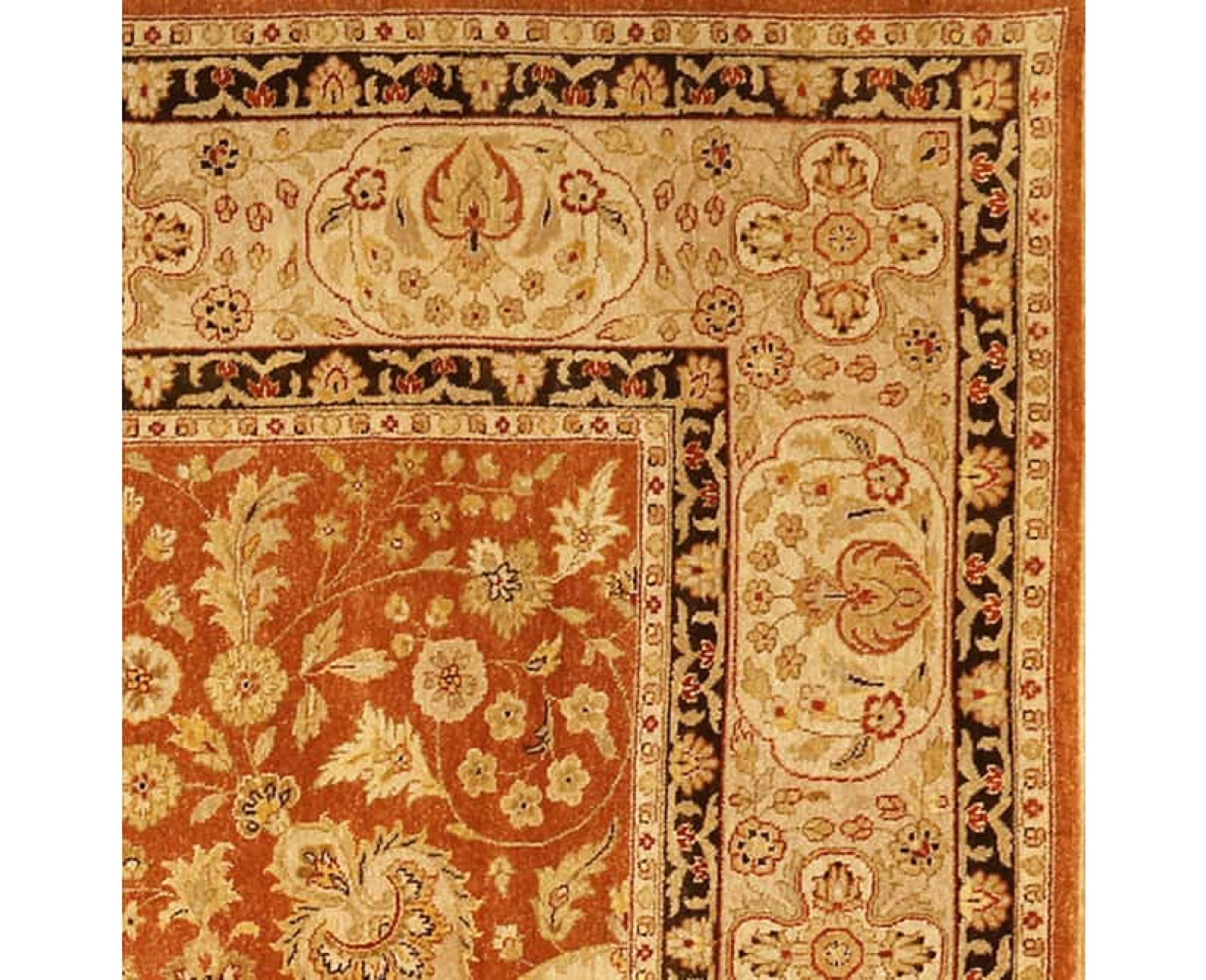 Traditional Hand-woven Indian Agra rug Recreation – Traditional handwoven Indian Agra rug featuring an elegant mirrored all-over floral design rendered in a plush field. The brown field is surrounded by a light gray colored border featuring a