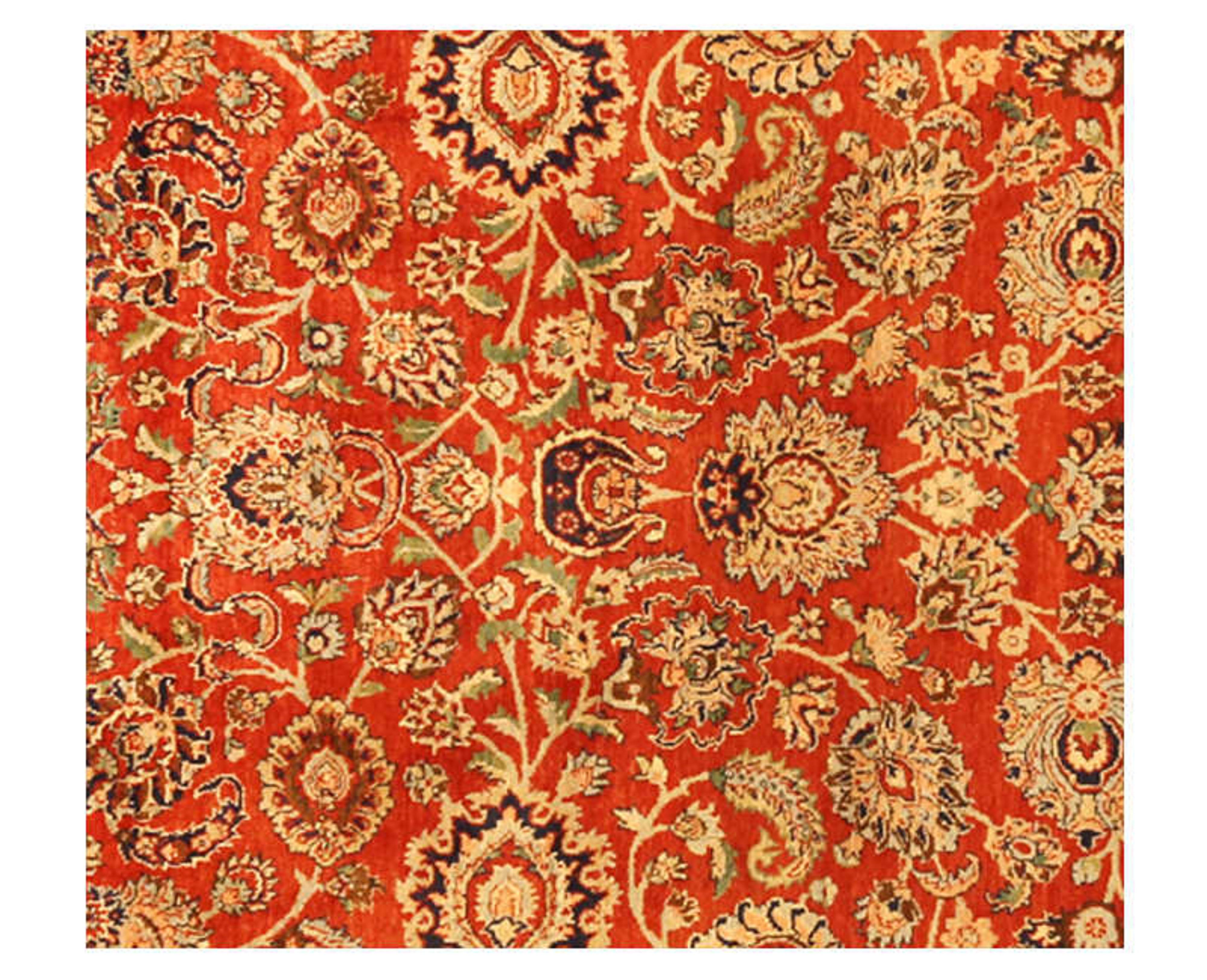 Traditional Hand-woven Persian Mashad Indo Rug from RenCollection Rugs – Traditional antique hand-woven Persian Mashad rug features an intricately rendered allover floral design on a striking rust-colored field which is enclosed with a beautifully