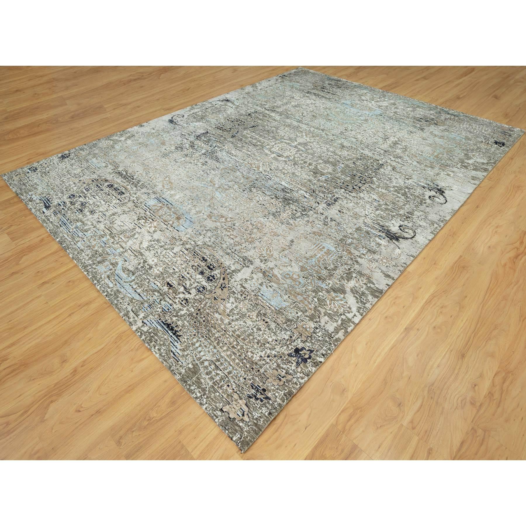 Médiéval 9'x12' Trafalgar Gray Tapis oriental en laine et soie noué à la main avec Erased Design en vente