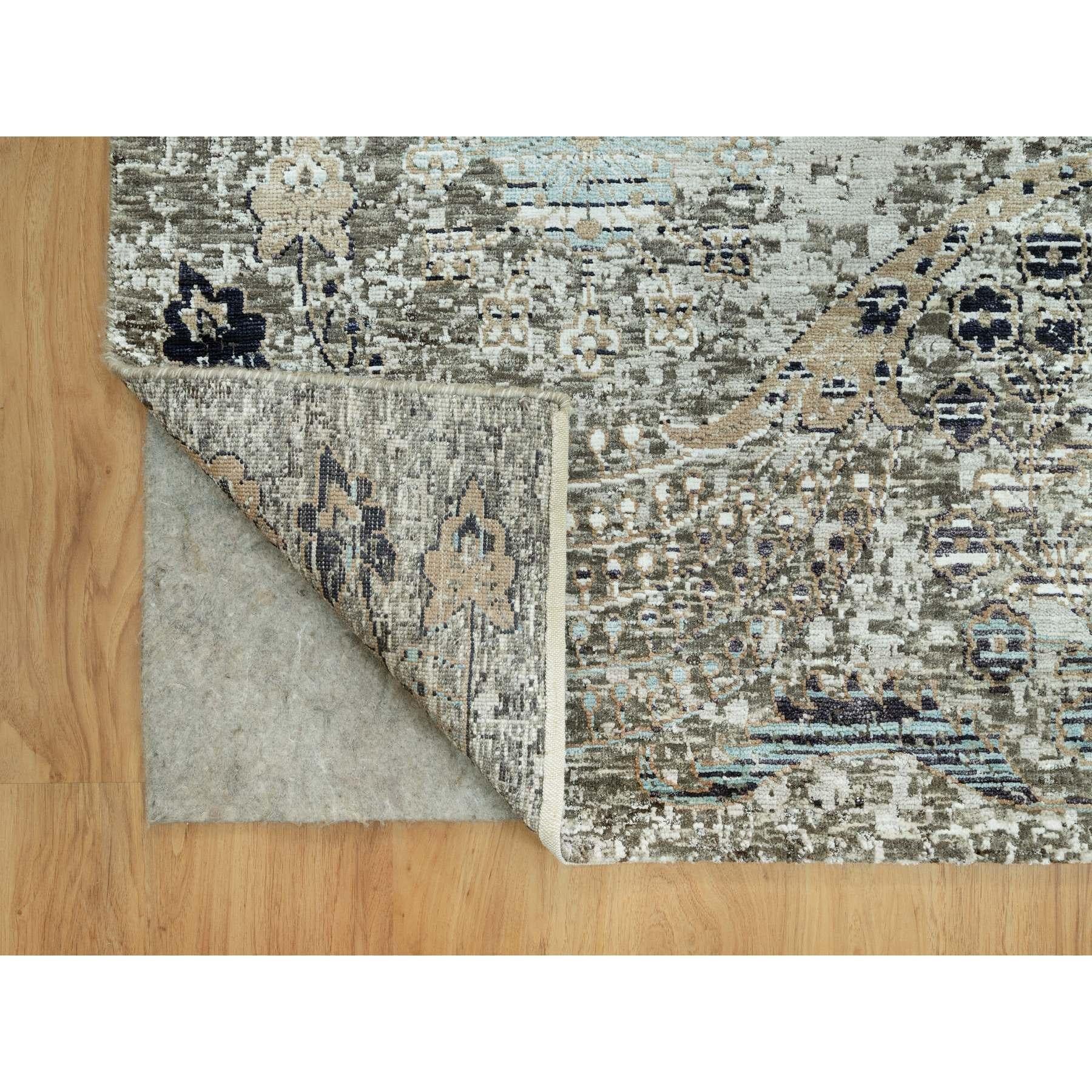 Indien 9'x12' Trafalgar Gray Tapis oriental en laine et soie noué à la main avec Erased Design en vente