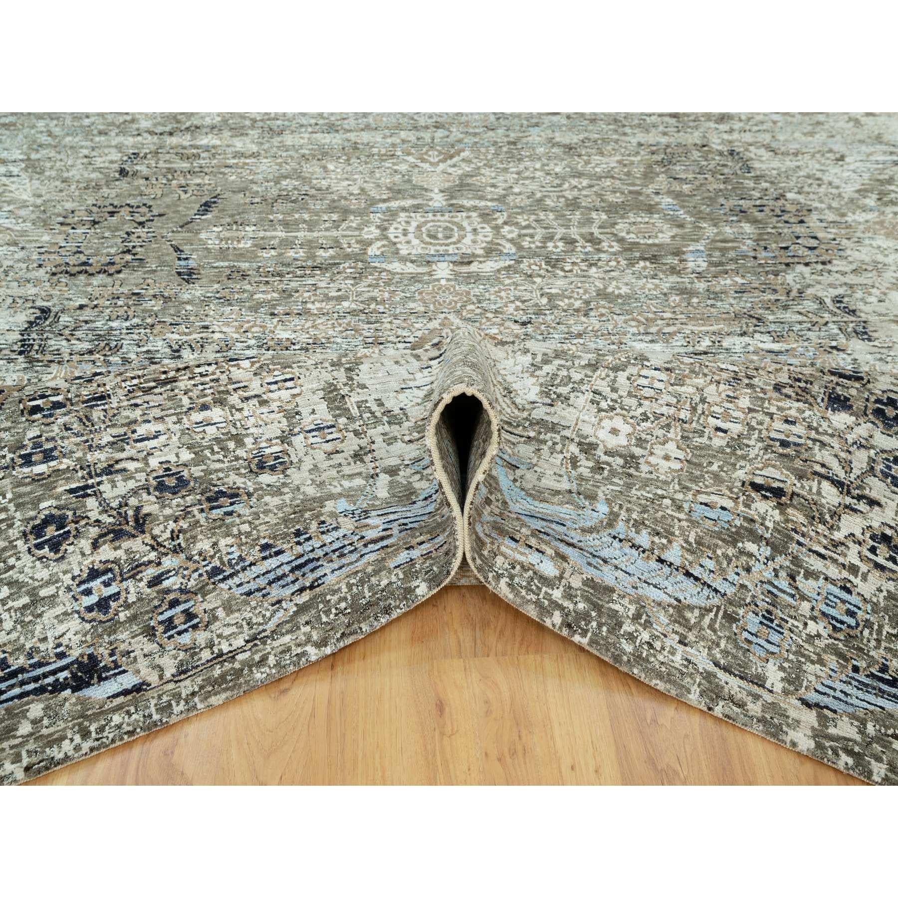 Noué à la main 9'x12' Trafalgar Gray Tapis oriental en laine et soie noué à la main avec Erased Design en vente