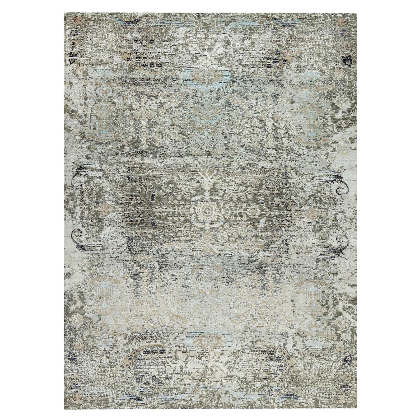 9'x12' Trafalgar Gray Tappeto orientale in lana e seta annodato a mano con disegno cancellato