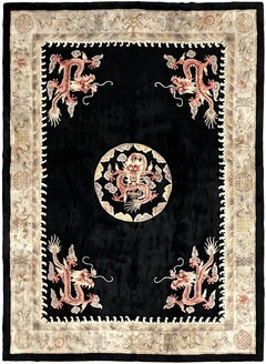 9x12 Vintage Chinese Art Deco Dragon Rug Black Pictorial Design 275cmx366cm