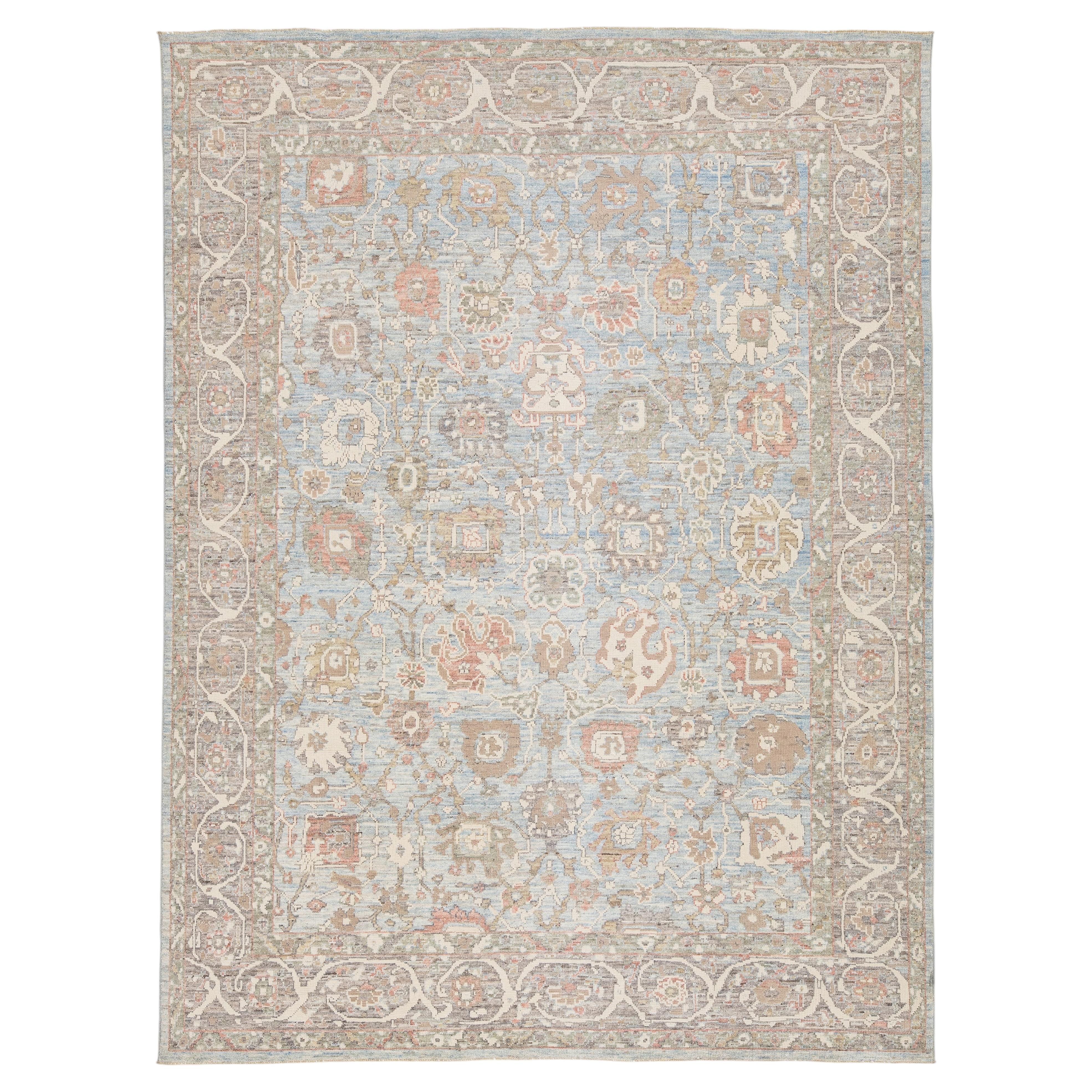 9x12 Vintage-Inspired Oushak Style Wool Area Rug in Sky Blue and Soft Terracotta