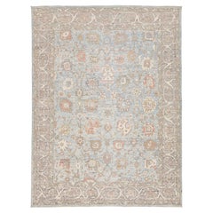 9x12 Vintage-Inspired Oushak Style Wool Area Rug in Sky Blue and Soft Terracotta