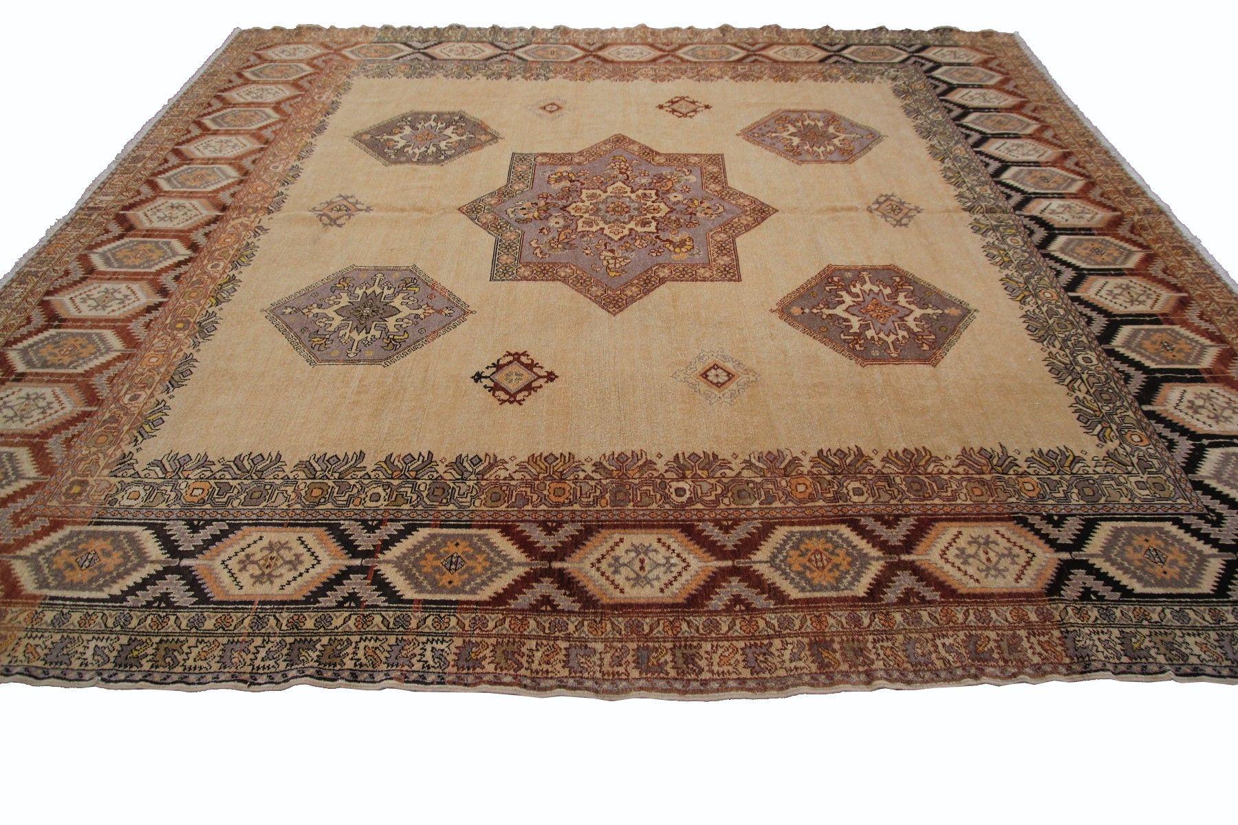 Turkish Vintage Oushak Diamond Design Beige Handmade Oushak Purple For Sale