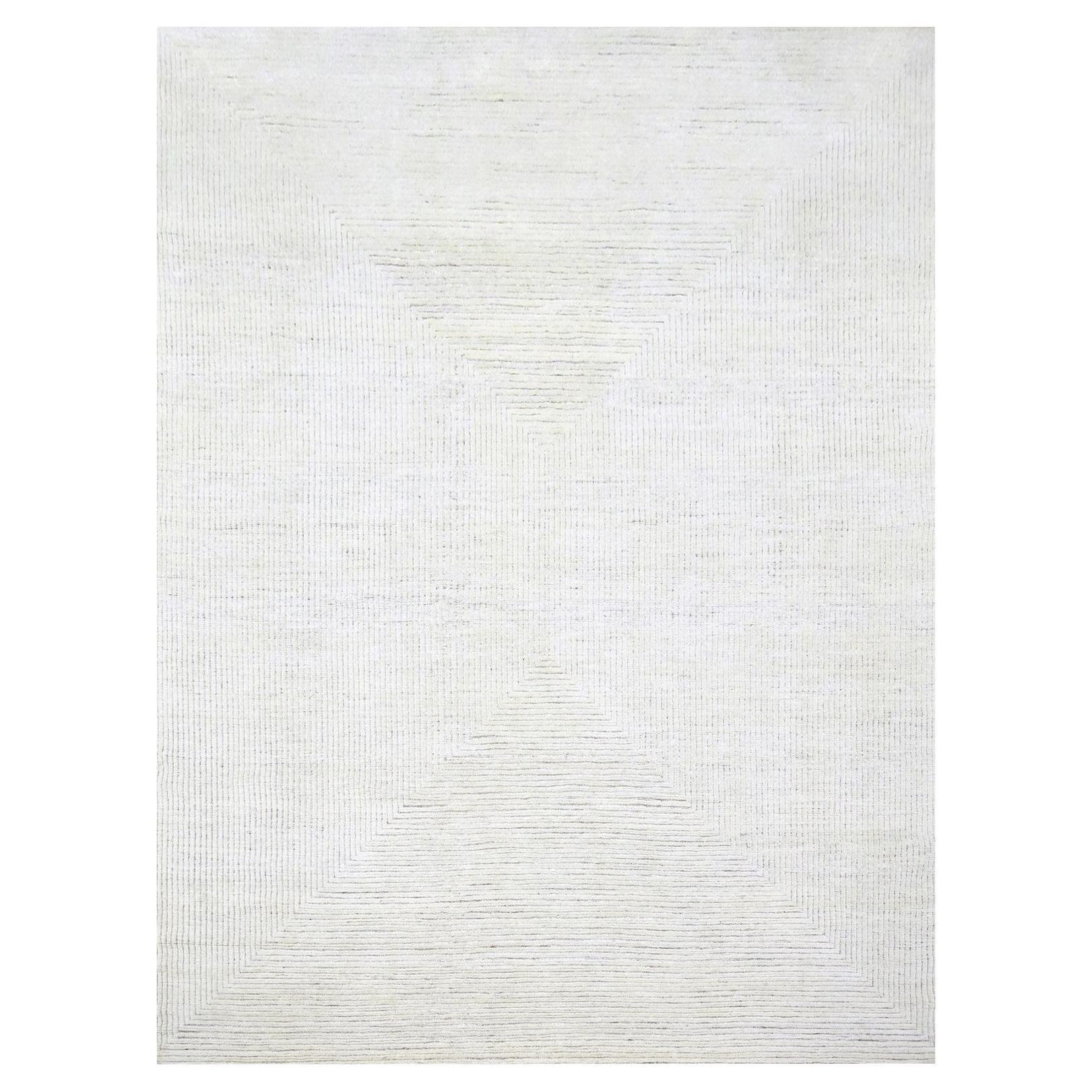 9'x12' Weiß Geometrisches Buntes Line Design 100% Wolle Handgeknüpft Teppich im Angebot