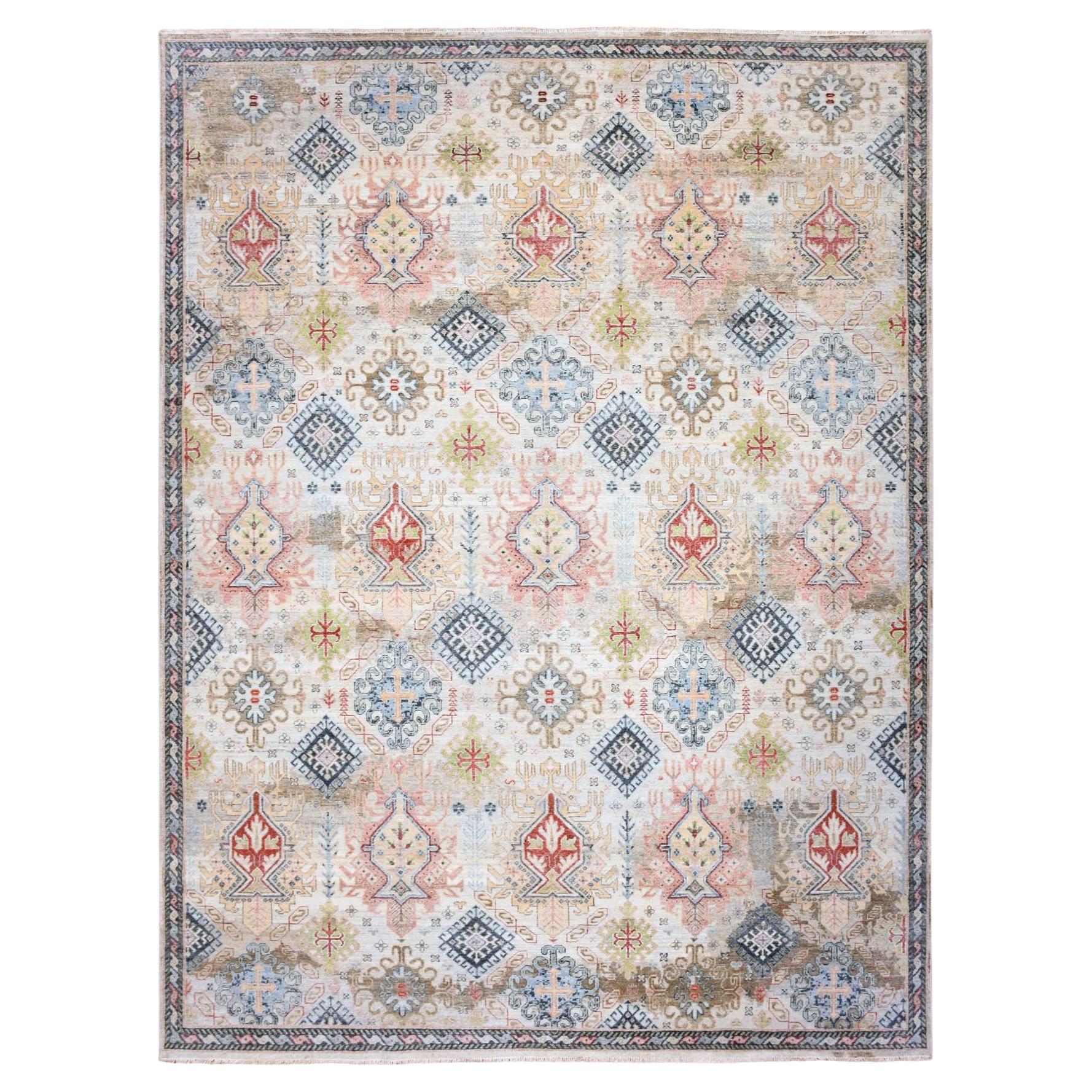 9'x12' Laine blanche nouée à la main Caucasian Gul Motifs All Over Design Tapis d'Orient