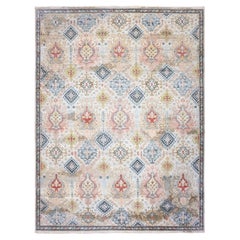 9'x12' Weißer handgeknüpfter orientalischer Teppich aus Wolle mit kaukasischen Gul-Motiven im All-Over-Design