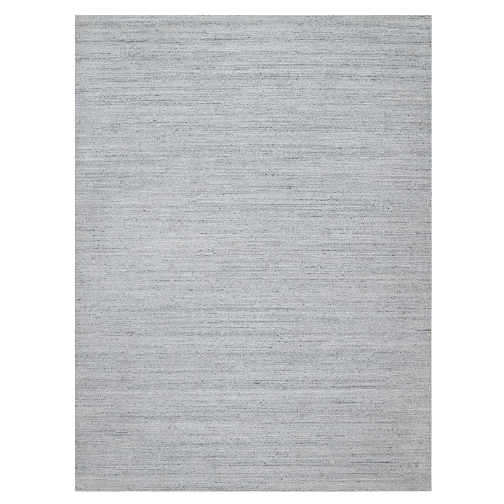 9'x12' Weißer weicher Flor aus reiner Wolle Einfarbig Modernes Striae Design Handgewebter Teppich