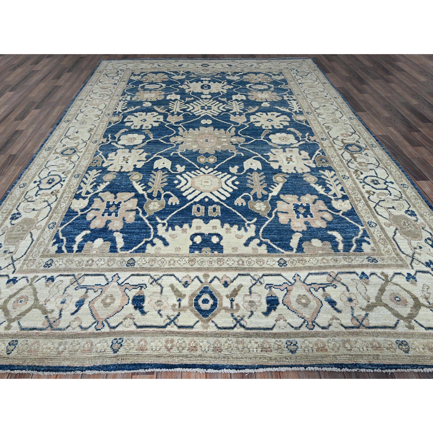 Afghan Tapis de laine souple afghan Oushak bleu de Yale noué à la main 9'x12' en vente