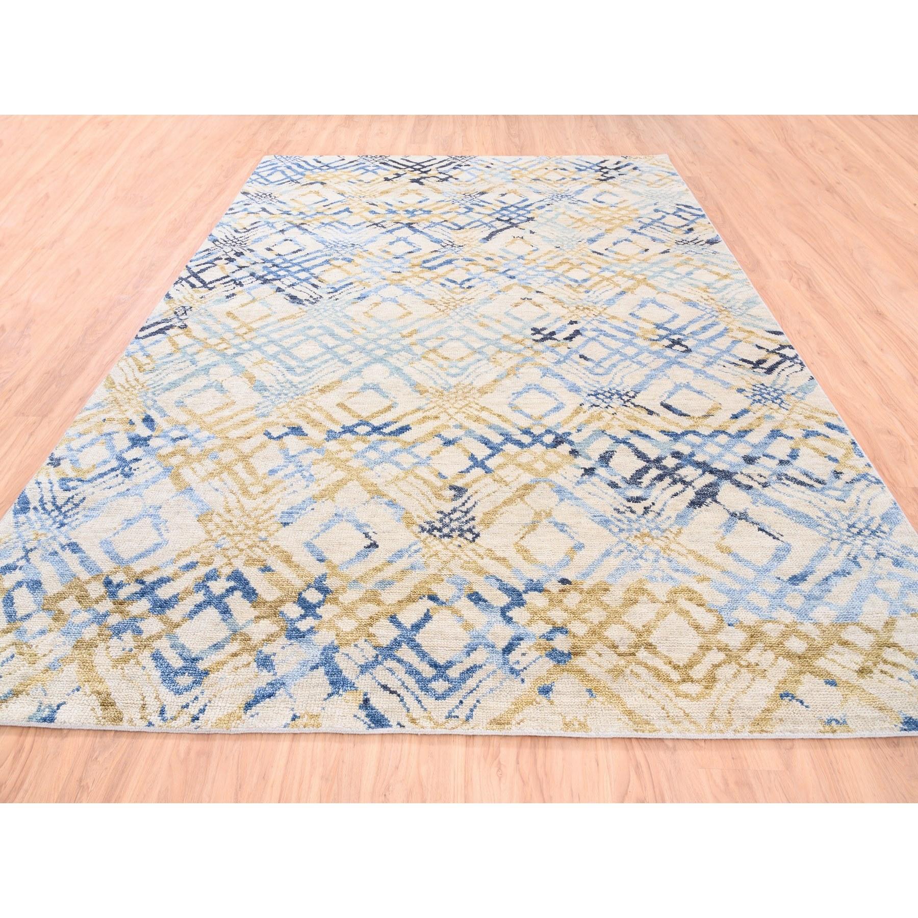 9'x12' Gelber und elfenbeinfarbener Supple Kollektion Moderner Teppich im ozeanischen quadratischen Design (Mittelalterlich) im Angebot