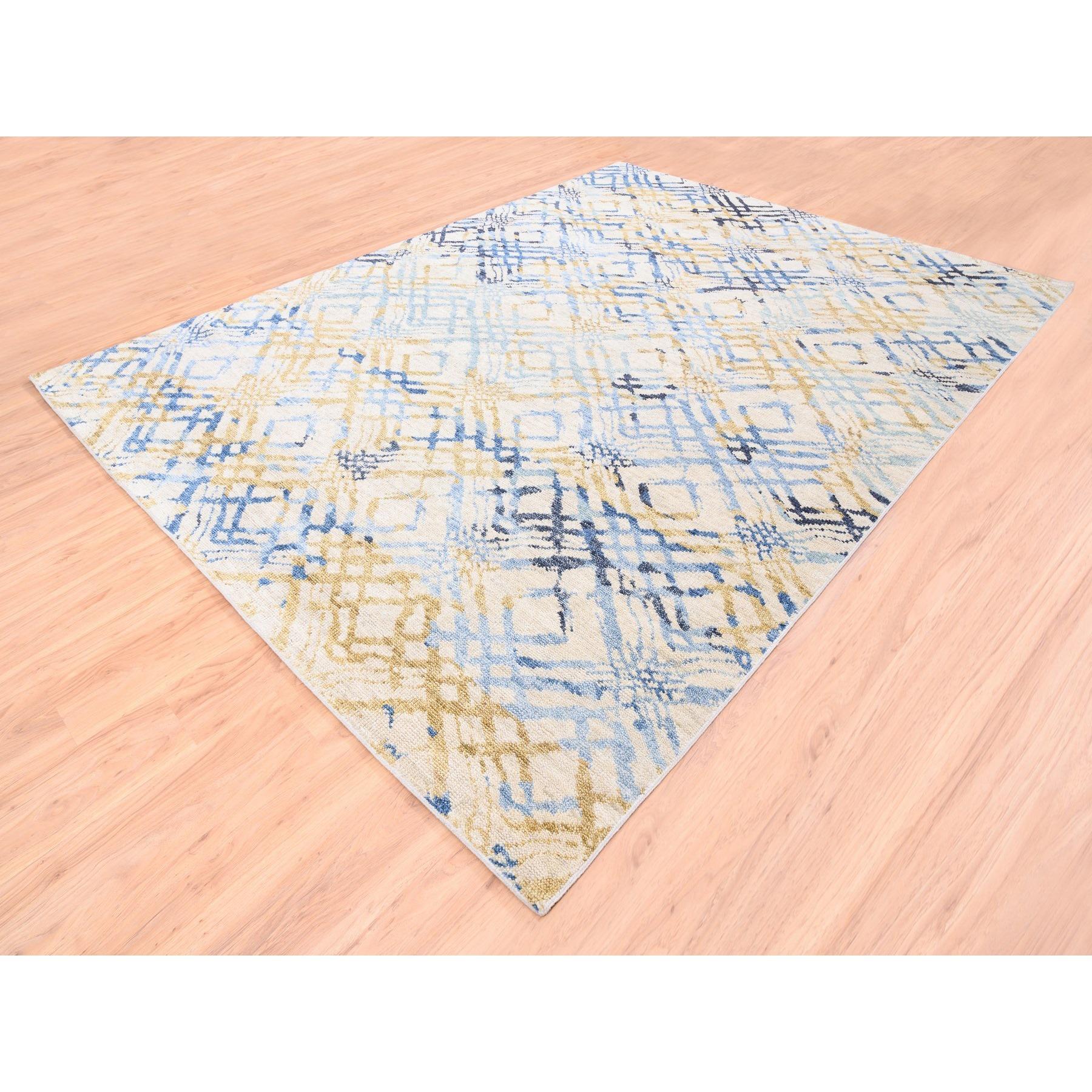 9'x12' Gelber und elfenbeinfarbener Supple Kollektion Moderner Teppich im ozeanischen quadratischen Design (Indisch) im Angebot