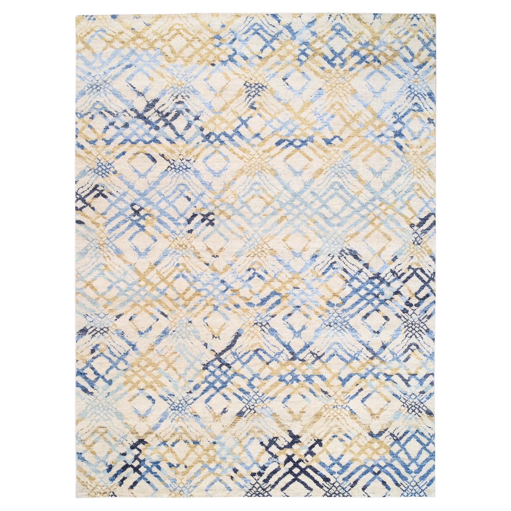 9'x12' Yellow and Ivory Supple Collection Modern Oceanic Square Design Rug