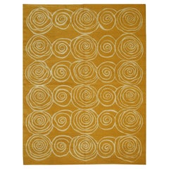 9x12 Yellow Flat Weave Wool Golden Rose Swirl Vintage Mid Century Carpet Rug