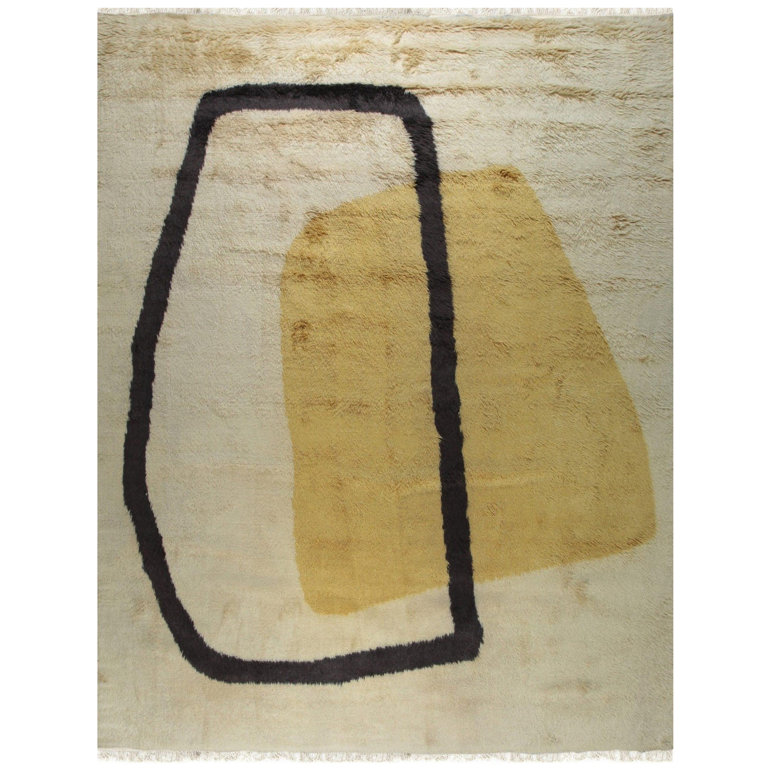 9x12 Yellow Hand-Knotted Wool Abstract Outline Vintage Mid Century Carpet Rug (Tapis de moquette)