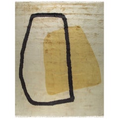 9x12 Yellow Hand-Knotted Wool Abstract Outline Vintage Mid Century Carpet Rug