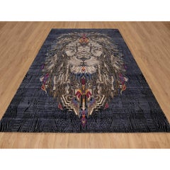 9'x12'1" Black The Maharaja Lion Novelty Wool and Silk Hand Knotted Soft Rug