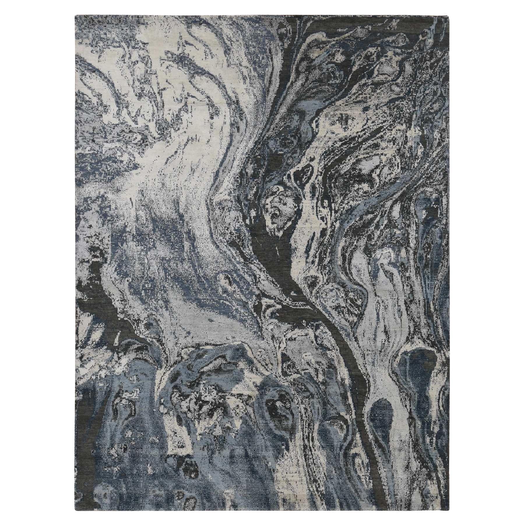 9'x12'1" Blu, Disegno geologico, Lana e pura seta, Annodato a mano, Tappeto