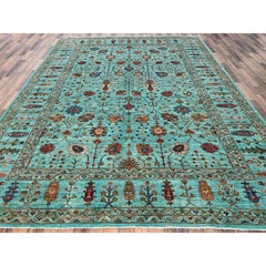 9'x12'1" Blu Annodato a mano Afgano Sultani con Design/One in Lana Morbida