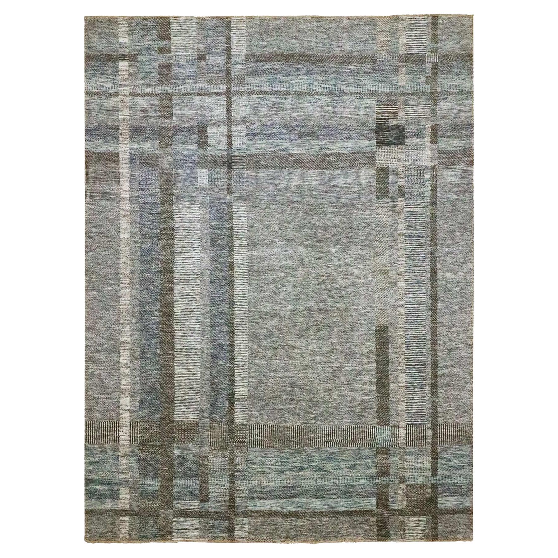 9'x12'1" Blu Moderno Geometrico Aperto Plaid Design Annodato a Mano Tutto Lana Rugs