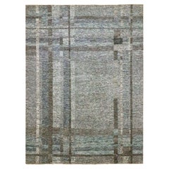 9'x12'1" Blue Modern Geometric Opened Up Plaid Design Hand Knotted All Wool Rug
