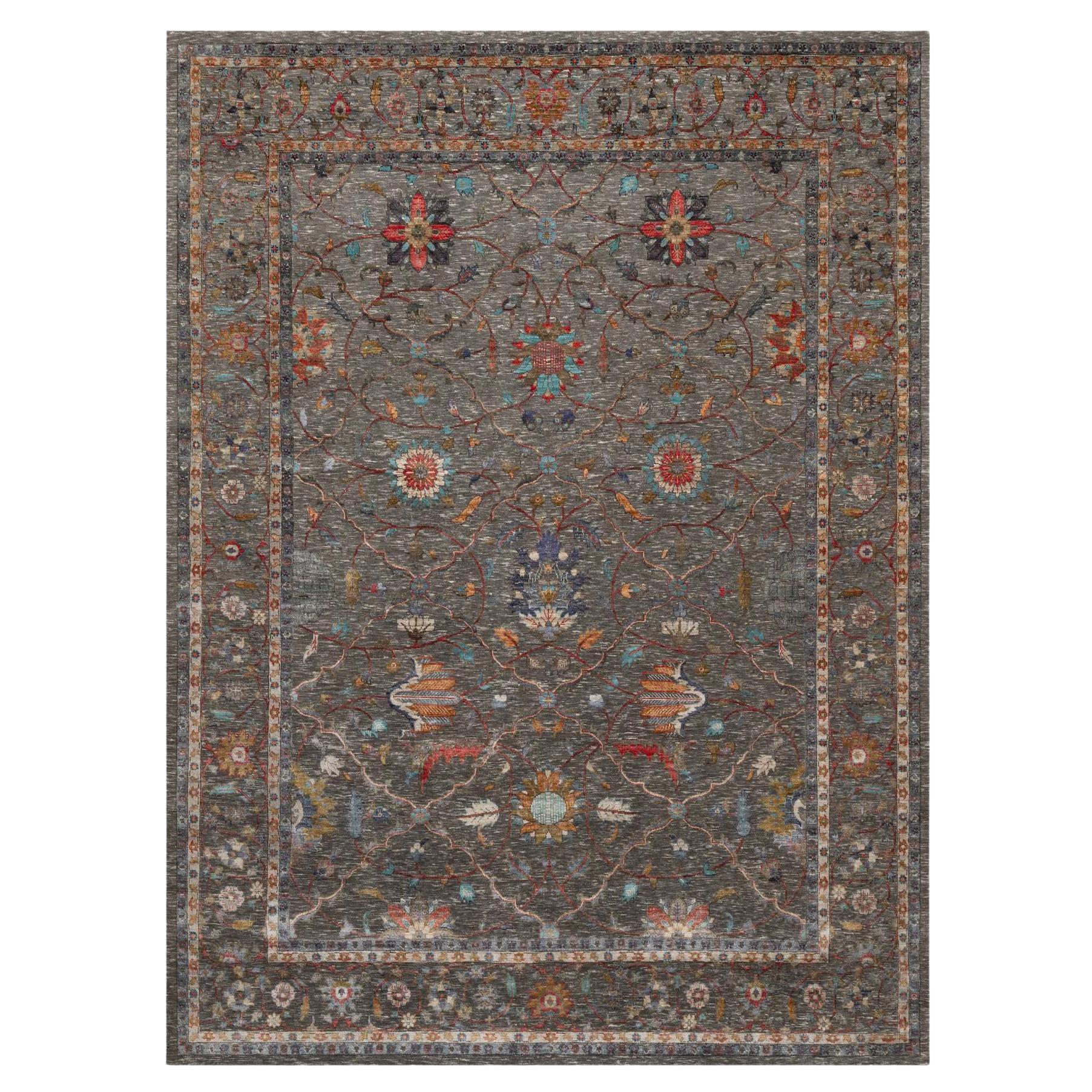 9'x12'1" Brunette Brown Scrolls Leaf Design Hand geknüpft Seide und Wolle Teppich im Angebot