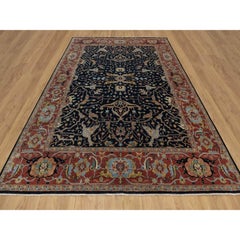 9'x12'1" Caviar Blue Antiqued Fine Heriz Re-Creation Hand Knotted Soft Wool Rugs