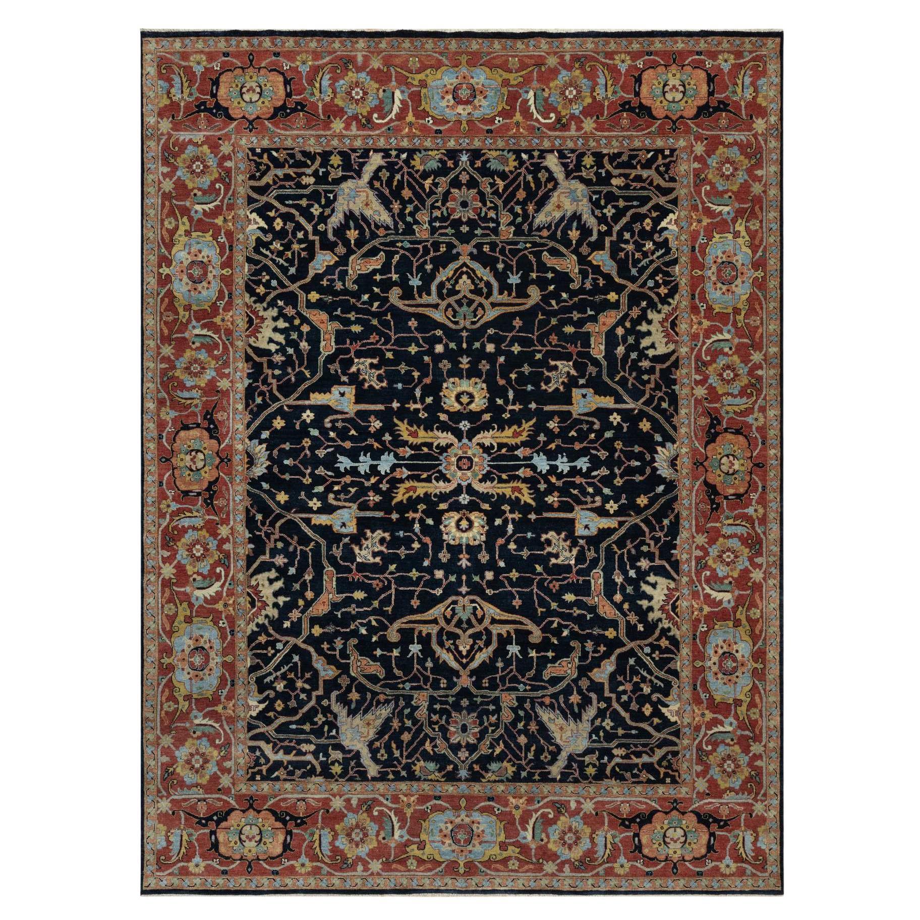 9'x12'1" Caviar Blue Antiqued Fine Heriz Re-Creation Hand Knots Rugs en laine douce