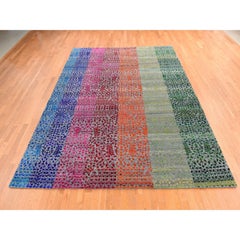 9'x12'1" – farbenfroher, maßgefertigter Sampler-Teppich aus Sari-Seide, Ton-in-Ton, handgeknüpft