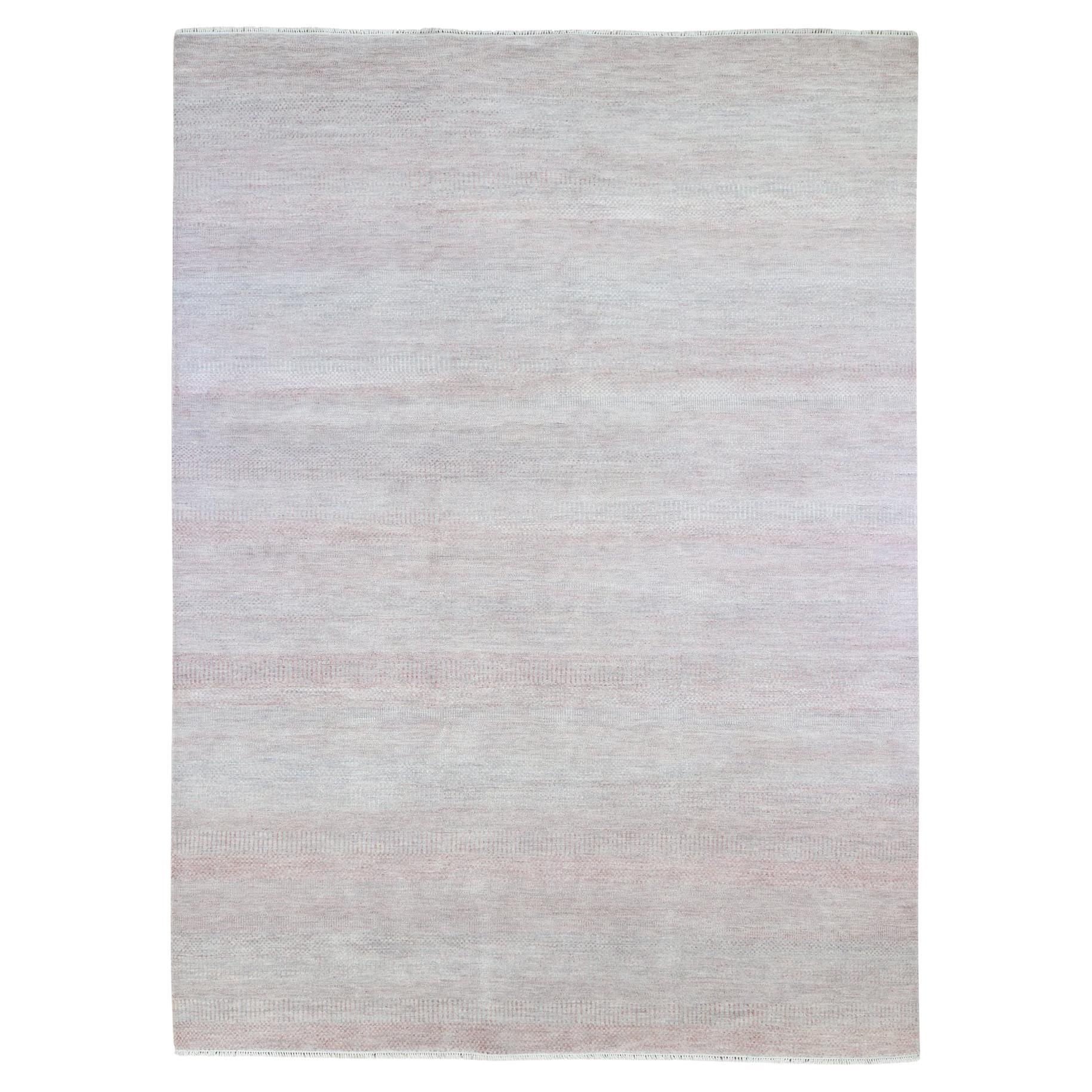 9'x12'1" Faded Pink Grass Design Gabbeh Hand Knotted Wool and Silk Modern Rug