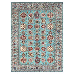9'x12'1" Fanfare Blauer Kazak Geometrischer handgeknüpfter orientalischer Teppich aus 100% Wolle
