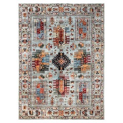 9'x12'1" Gray Afghan Ersari with Geometric Elements Hand Knotted Pure Wool Rug