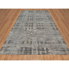 9'x12'1" Gray Modern Criss Cross Erased Design Hand Knotted Natural Wool Rug