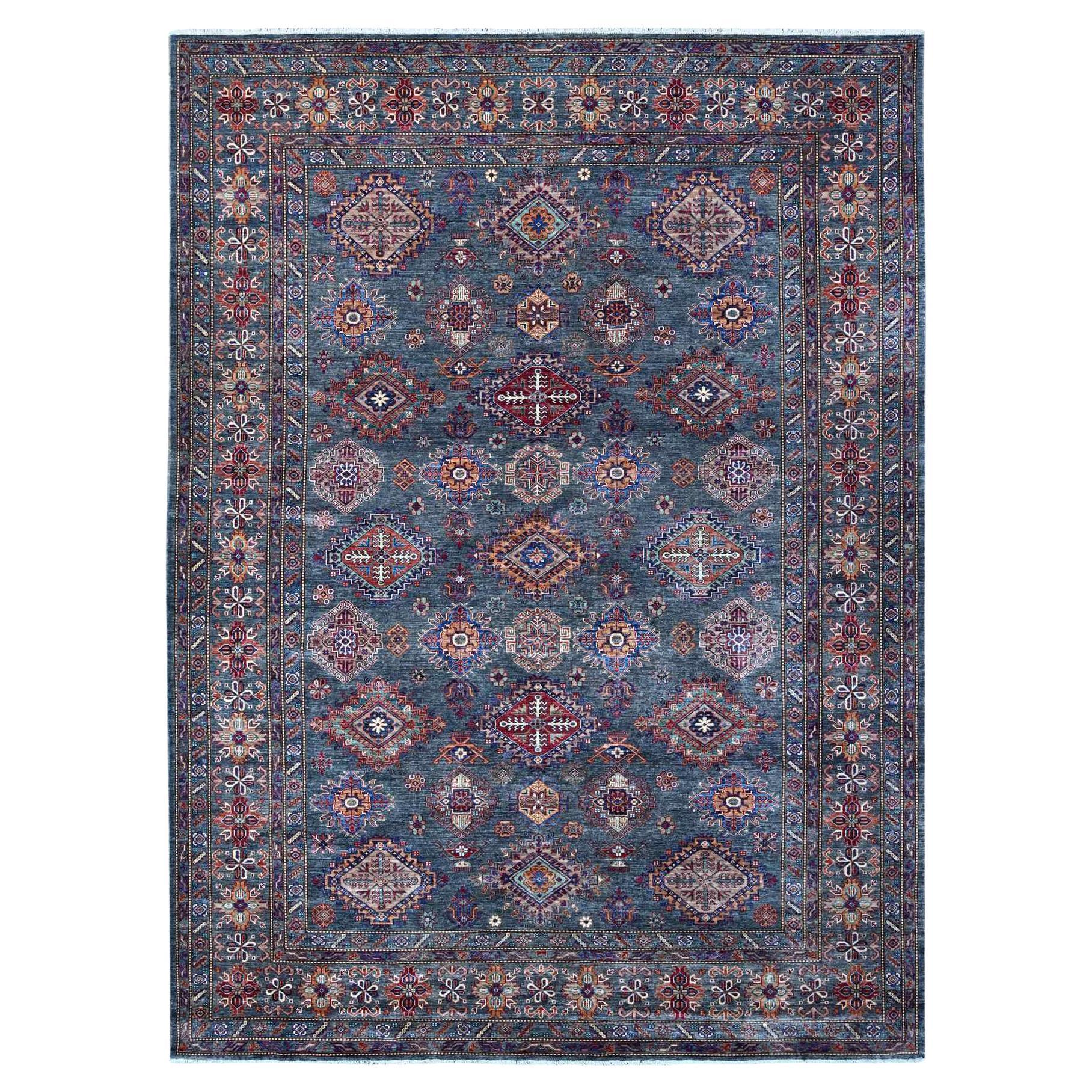 9'x12'1" Gray Pure Wool Hand Knotted Super Kazak Tribal Pattern Oriental Rug