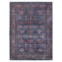 9'x12'1" Alfombra Oriental de Lana Pura Gris Anudada a Mano con Diseño Tribal Super Kazak